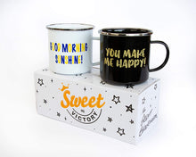 Load image into Gallery viewer, 16 oz Enamel Camping Mug Set of 2 &quot;Good Morning Sunshine&quot; &amp; &quot;You Make Me Happy&quot;
